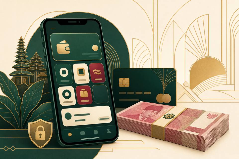 Ilustrasi ponsel dengan dompet digital dan kartu bank bergaya Art Deco